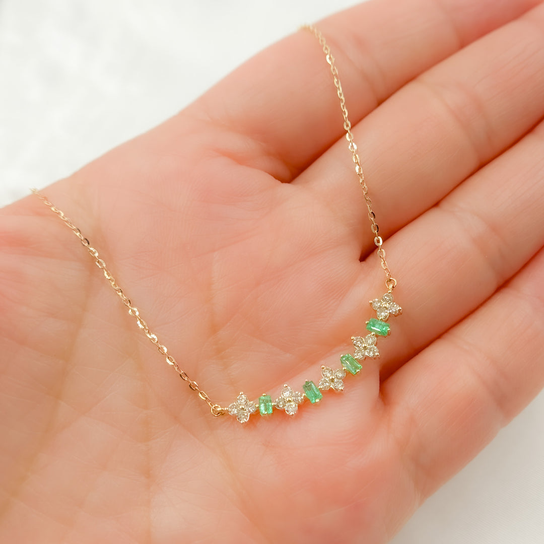 14K Solid Gold Diamond and Gemstone Flower & Baguette Necklace. NFE71566