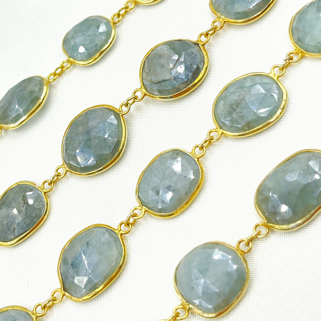 AQU10. Coated Aquamarine Organic Shape Bezel Gold Plated Wire Chain