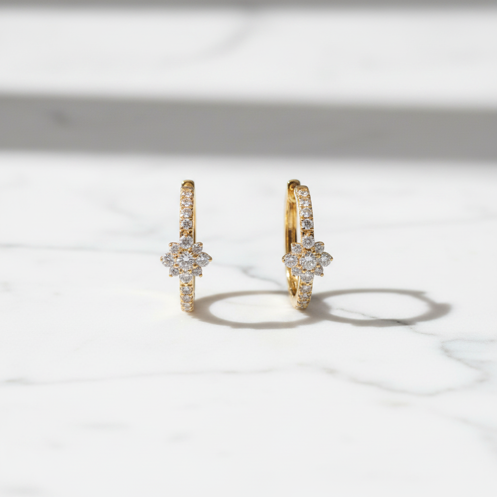 EHF57627. 14K Solid Yellow Gold Diamond Flower Hoop Earrings