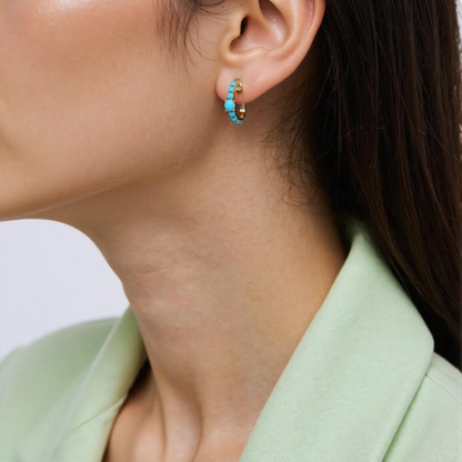 14K Solid Gold Turquoise Hoops