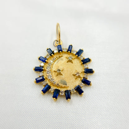 14K Solid Gold Diamond and Gemstone Round Charm with Moon and Stars in the Center. GDP600