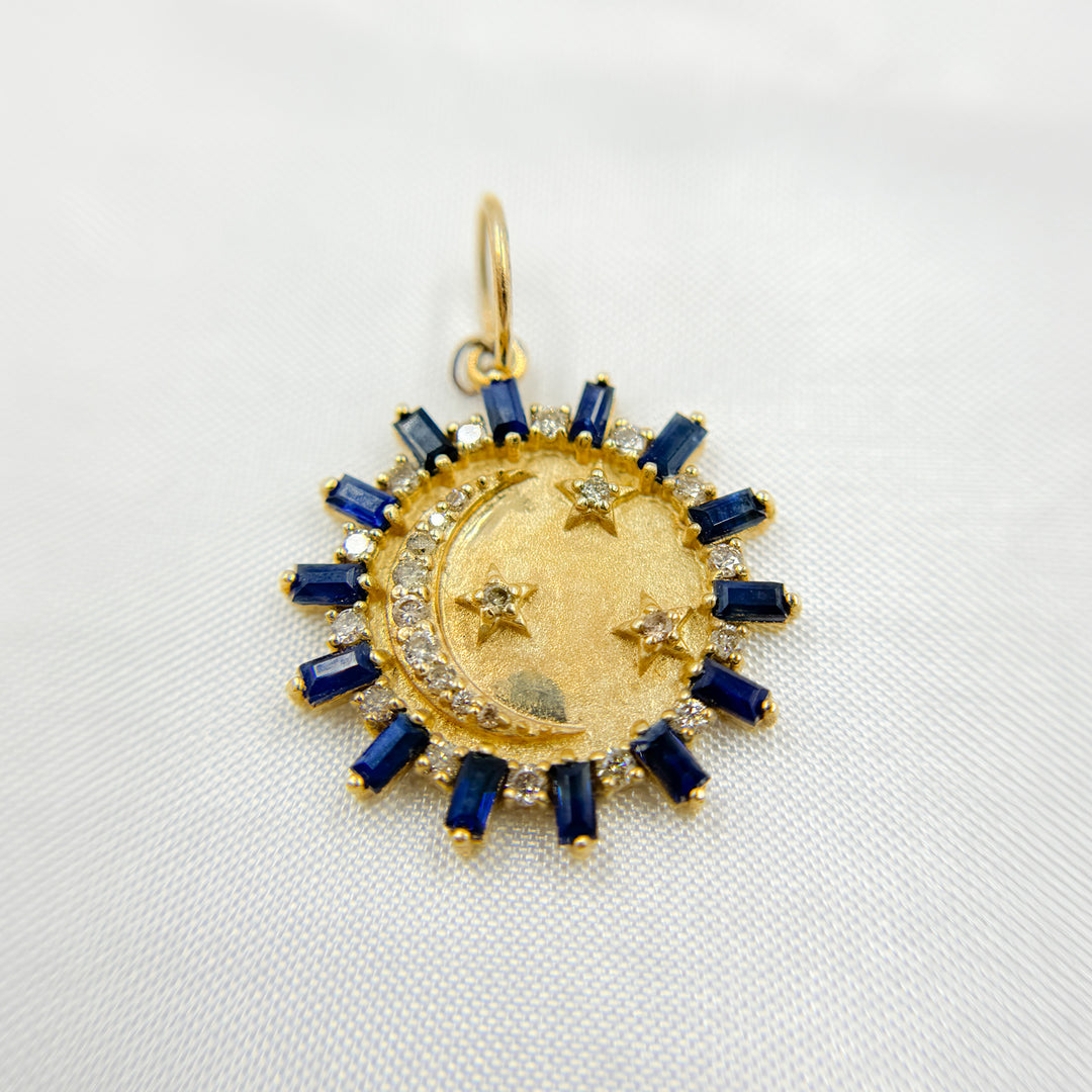 14K Solid Gold Diamond and Gemstone Round Charm with Moon and Stars in the Center. GDP600