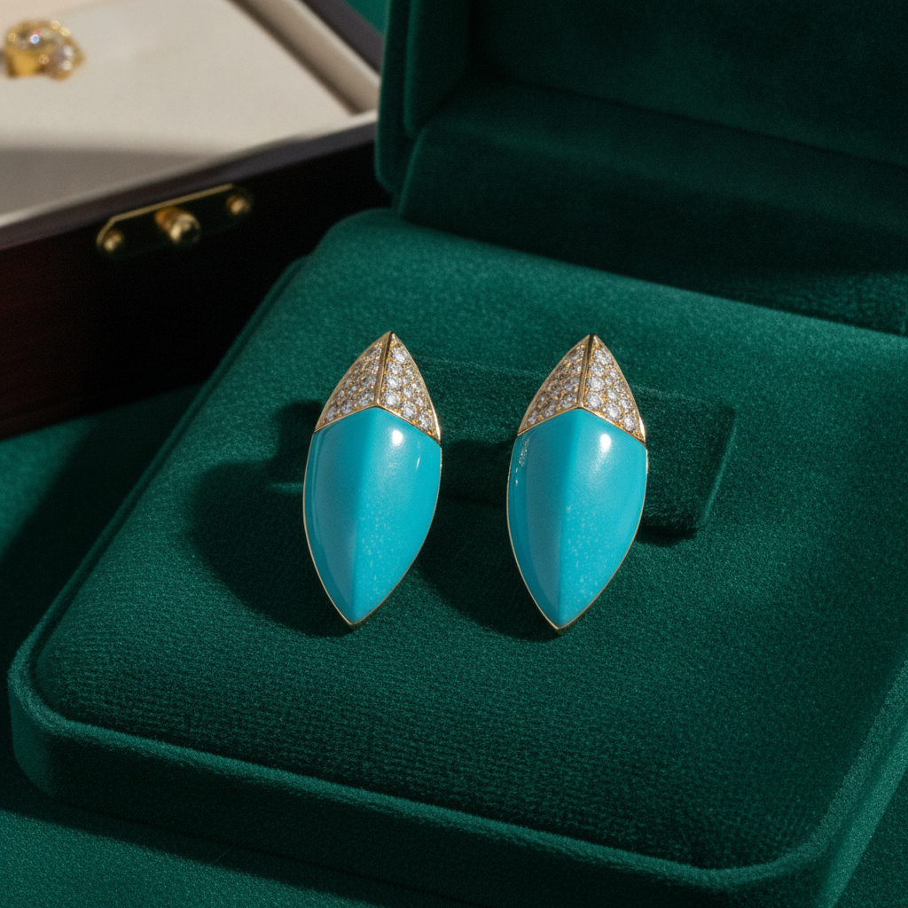 DER03407TQ. 14K Solid Gold Diamond and Turquoise Fancy Stud Earrings