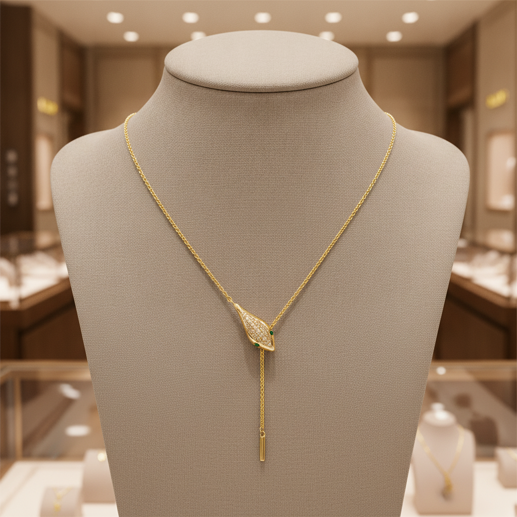 NFC71992. 14k Solid Gold Diamond and Emerald Snake Necklace