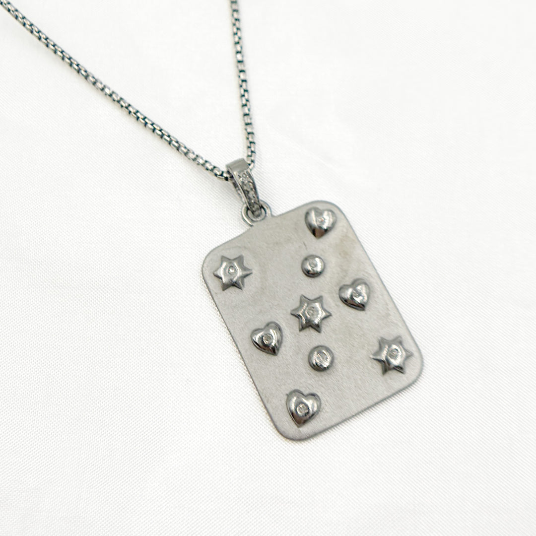 DP402. Diamond & Sterling Silver Rectangle Pendant with Hearts and Stars