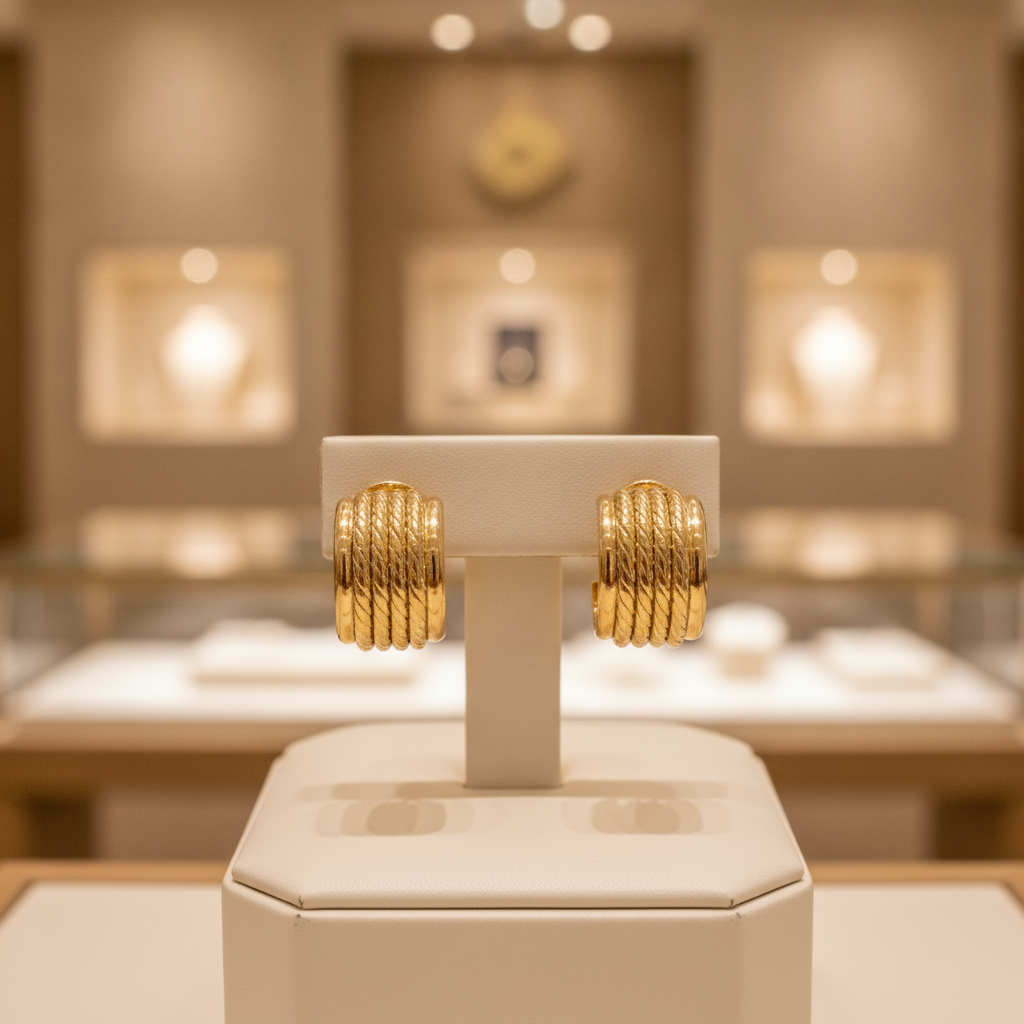15850018990. 14K Solid Gold Ribbed Hollow Hoop Earrings