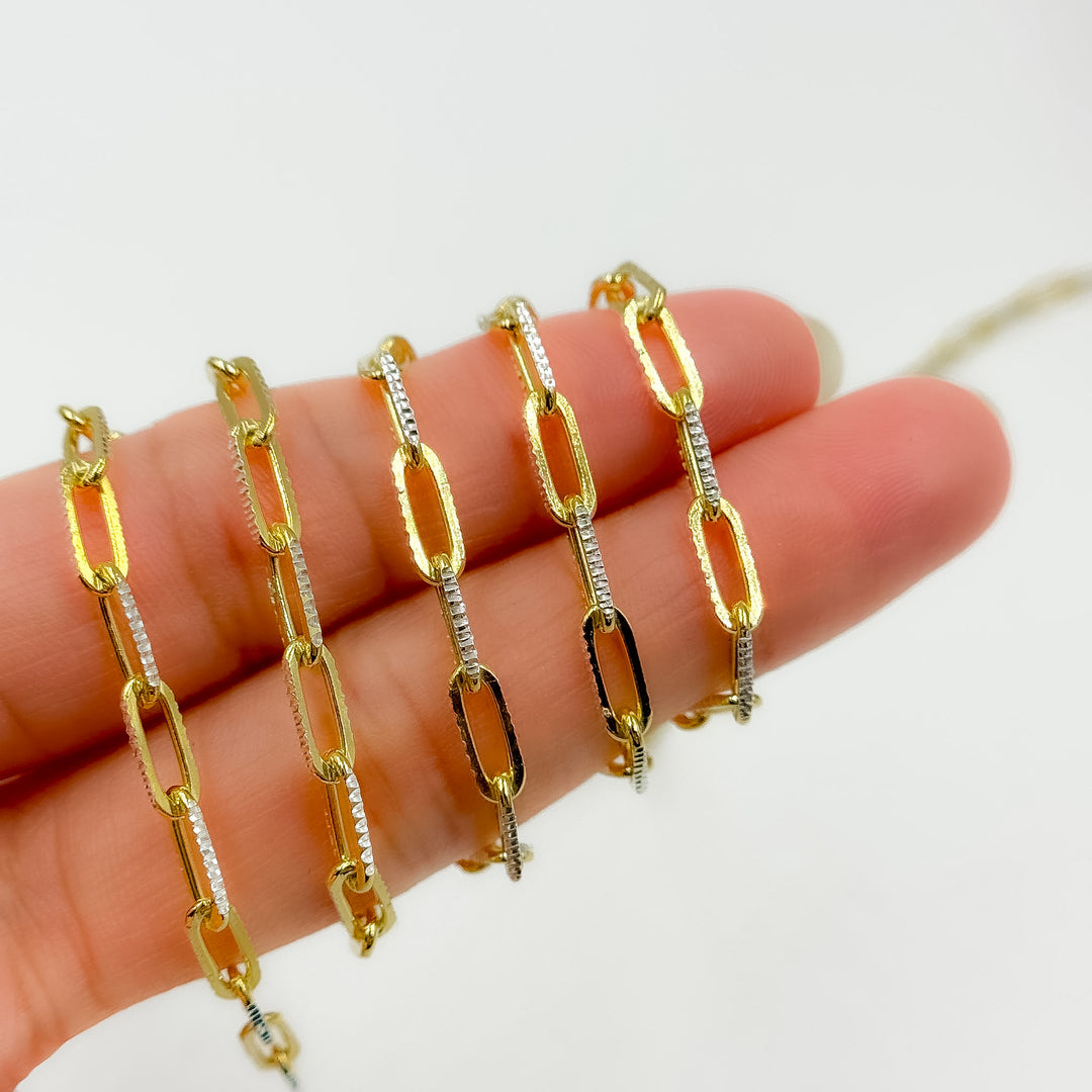 Z113GS. Two Tone Sterling Silver and Gold Plated Paperclip Textured Chain