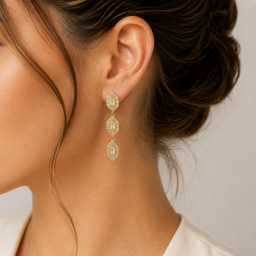 EFH52033. 14K Solid Gold and Diamonds 3 Hexagons Dangle Earrings