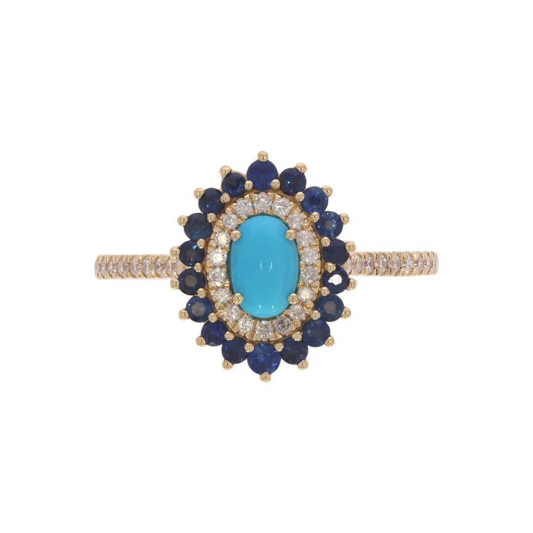 CR97513TQ6X4. 14k Solid Gold Turquoise, Blue Sapphire and Diamond Fancy Ring