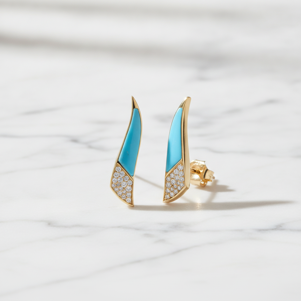 DER03375TQ. 14K Solid Gold Diamond and Turquoise Fancy Stud Earrings