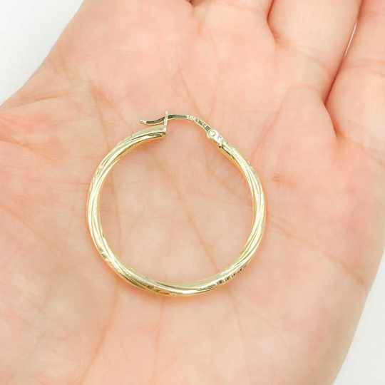 GER60. 14K Solid Gold Engraved Tornado Hoop Earrings