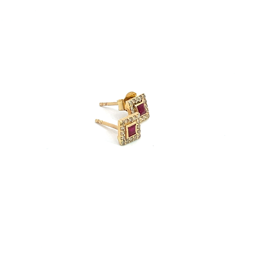 GDT14RU. 14K Solid Gold Diamonds and Ruby Square Earrings