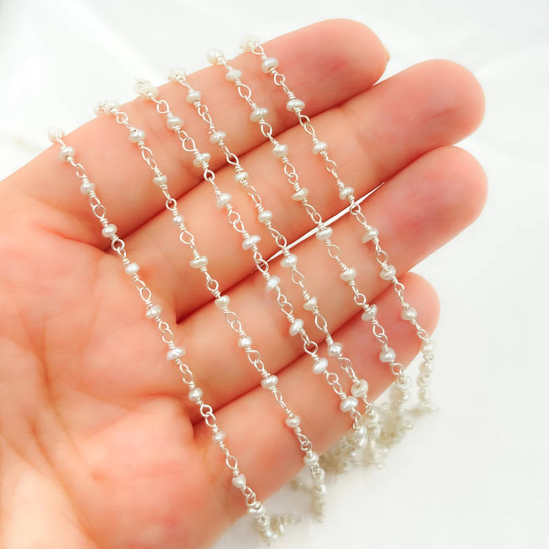 White Freshwater Pearl 925 Sterling Silver Wire Chain