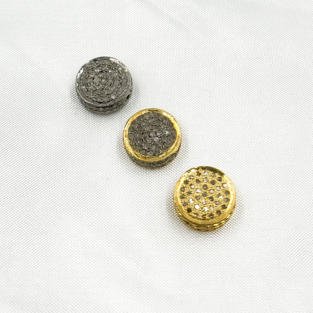 Pave Diamond & 925 Sterling Silver Black Rhodium, Two Tone and Gold Plated Coin Bead. DC835