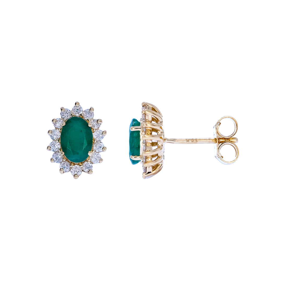 CE97164EM6X4. 14k Solid Gold Diamond and Emerald Stud Earrings