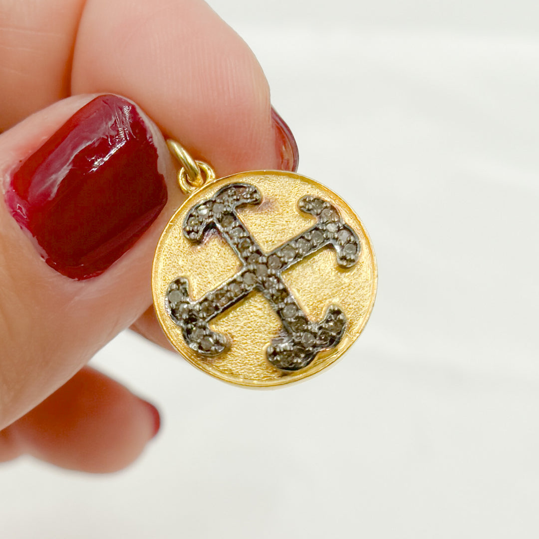 Pave Diamond & 925 Sterling Silver Black Rhodium, Two-Tone (Black Rhodium and Gold Plated), Gold Plated and Rose Gold Plated Round Cross Pendant. DC881