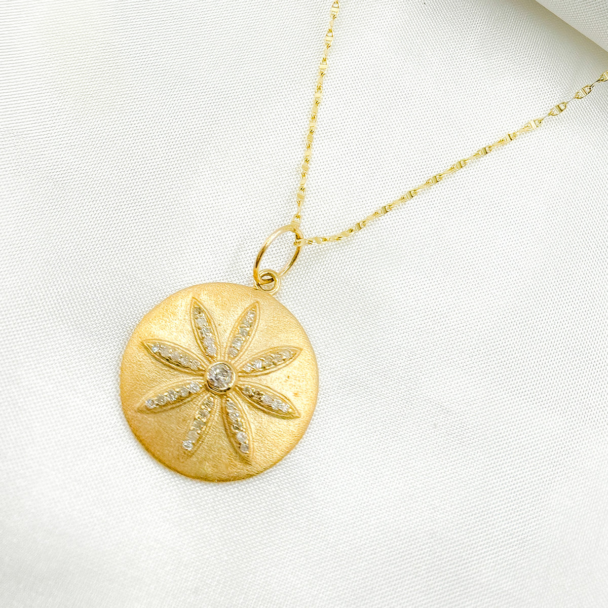 GDP249. 14K Solid Gold Diamond Circle and Flower Charm
