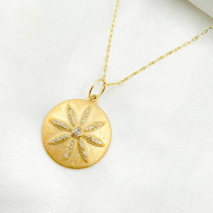 GDP249. 14K Solid Gold Diamond Circle and Flower Charm