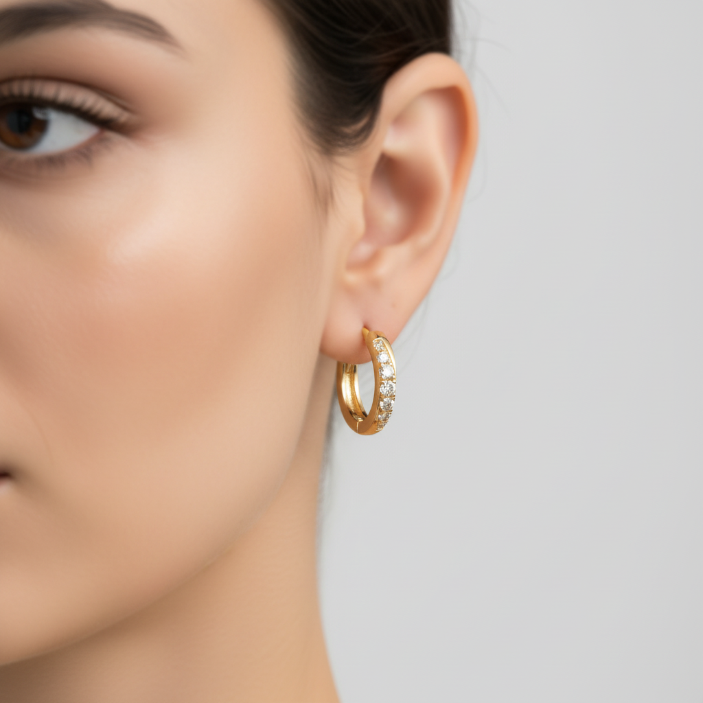 EHD57618. 14k Solid Yellow Gold Diamond Huggie Hoop Earrings