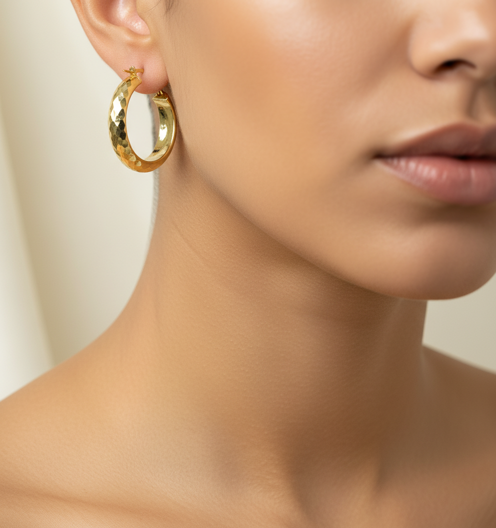 GER5. 14K Solid Gold Hollow Hoop Earrings