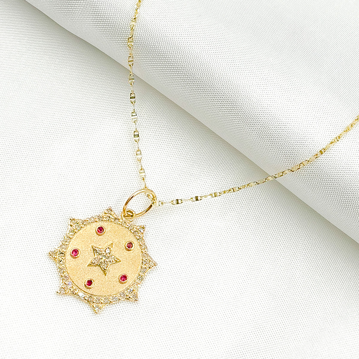 GDP547. 14K Solid Gold Diamond Sun & Star Charm with Gemstone