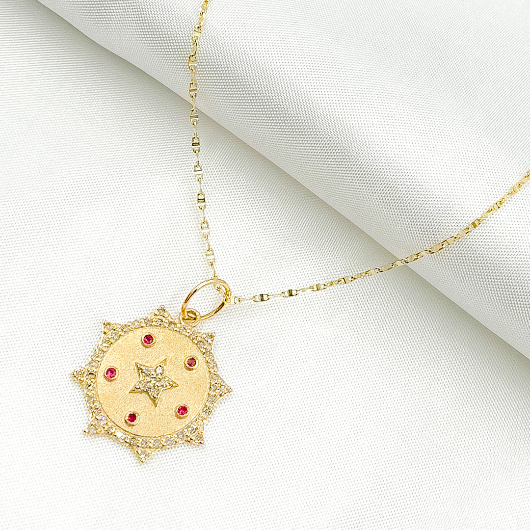 14K Solid Gold Diamond Sun Shape Charm with Star in the Center in Gemstones. GDP547