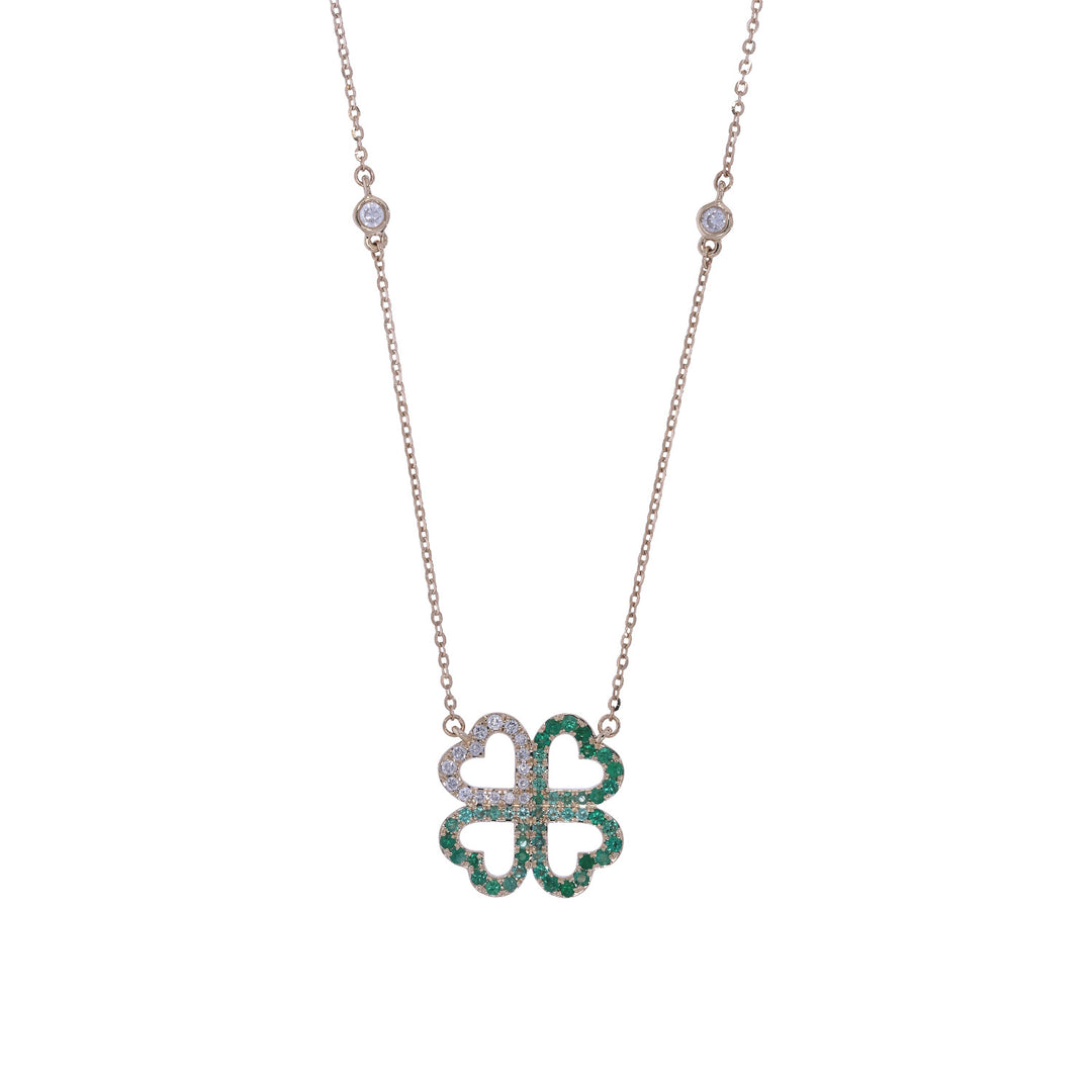 NFD72910EM. 14K Solid Gold 4 Heart Clover Diamond and Emerald Necklace