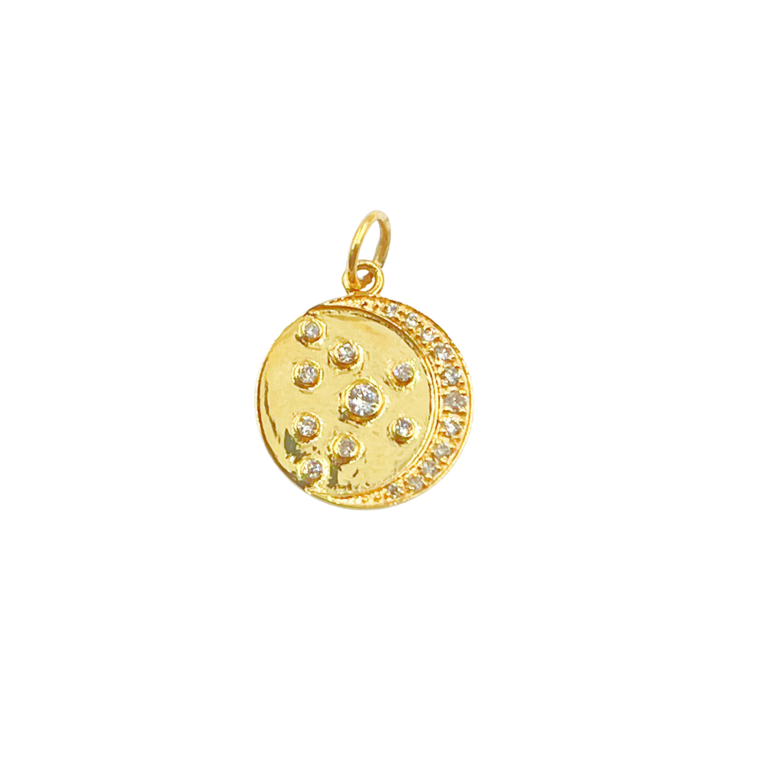 14K Solid Gold with Diamonds Circle Charm with Moon and Dots in the Center. GDP252