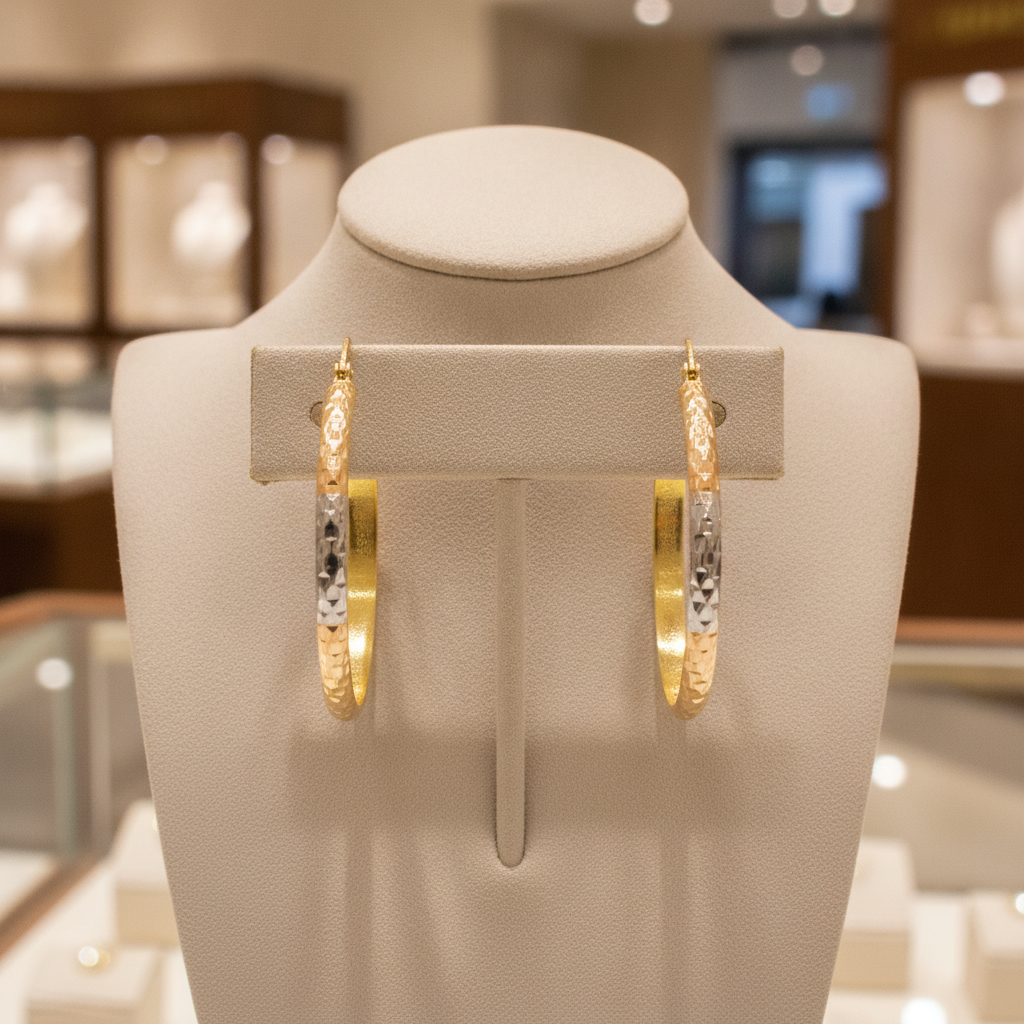 GER65. 14K Gold Tri-Color Hoop Earrings with Engraved Tornado Design