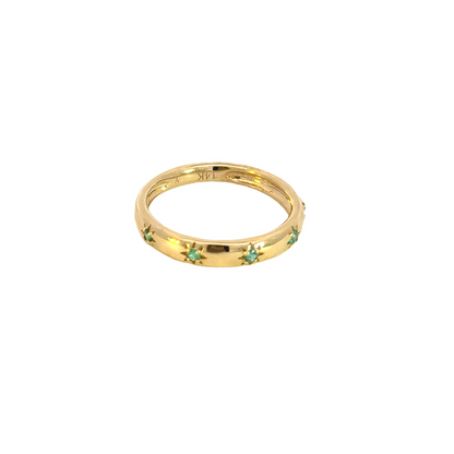 14K Solid Gold Emerald Stars Band Ring.