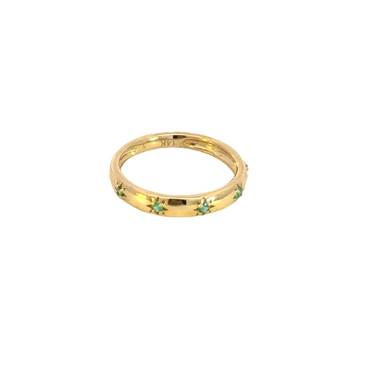 14K Solid Gold Emerald Stars Band Ring.