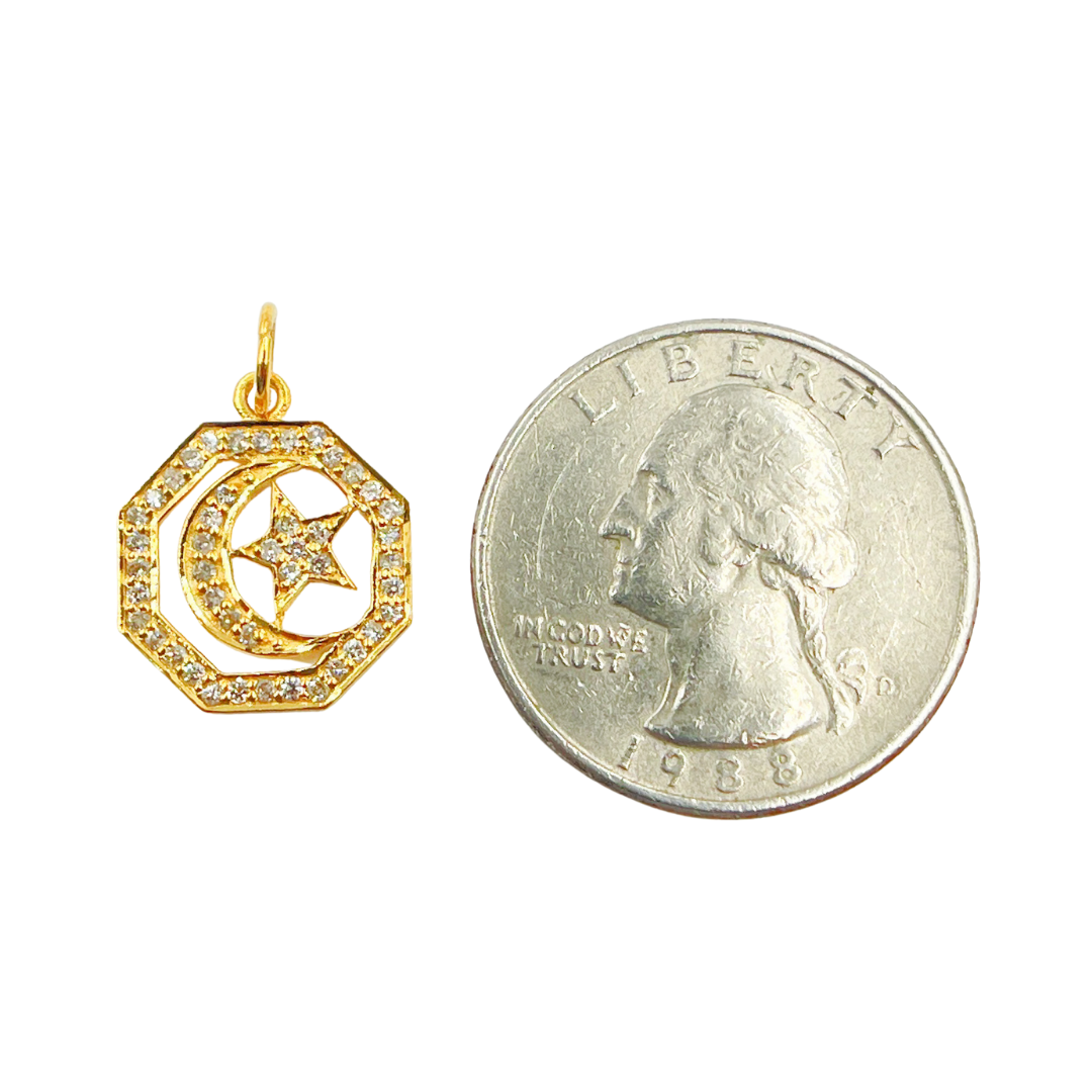 GDP210. 14K Solid Gold Diamond Octagon Moon and Star Charm