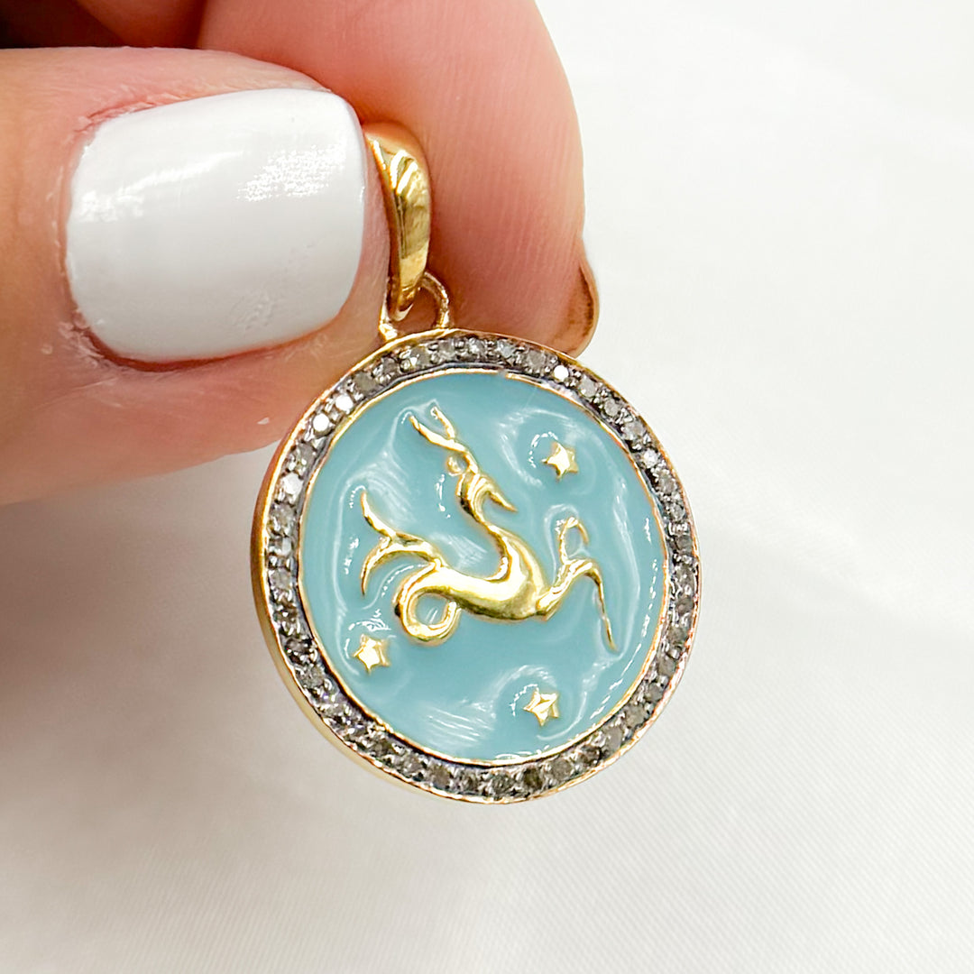 DP618A. Diamond Sterling Silver Round Capricorn Zodiac Enamel Pendant