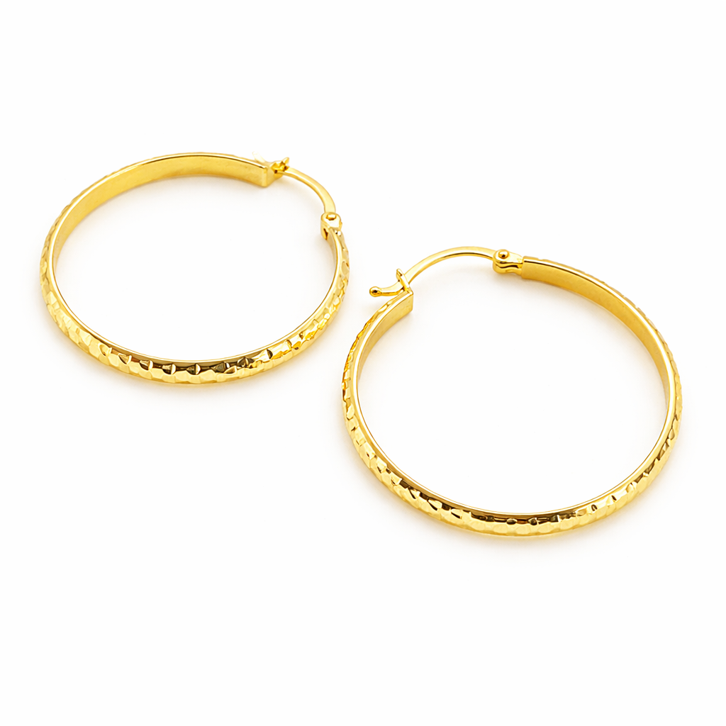 GER76. 14K Gold Diamond Cut Hollow Hoop Earrings