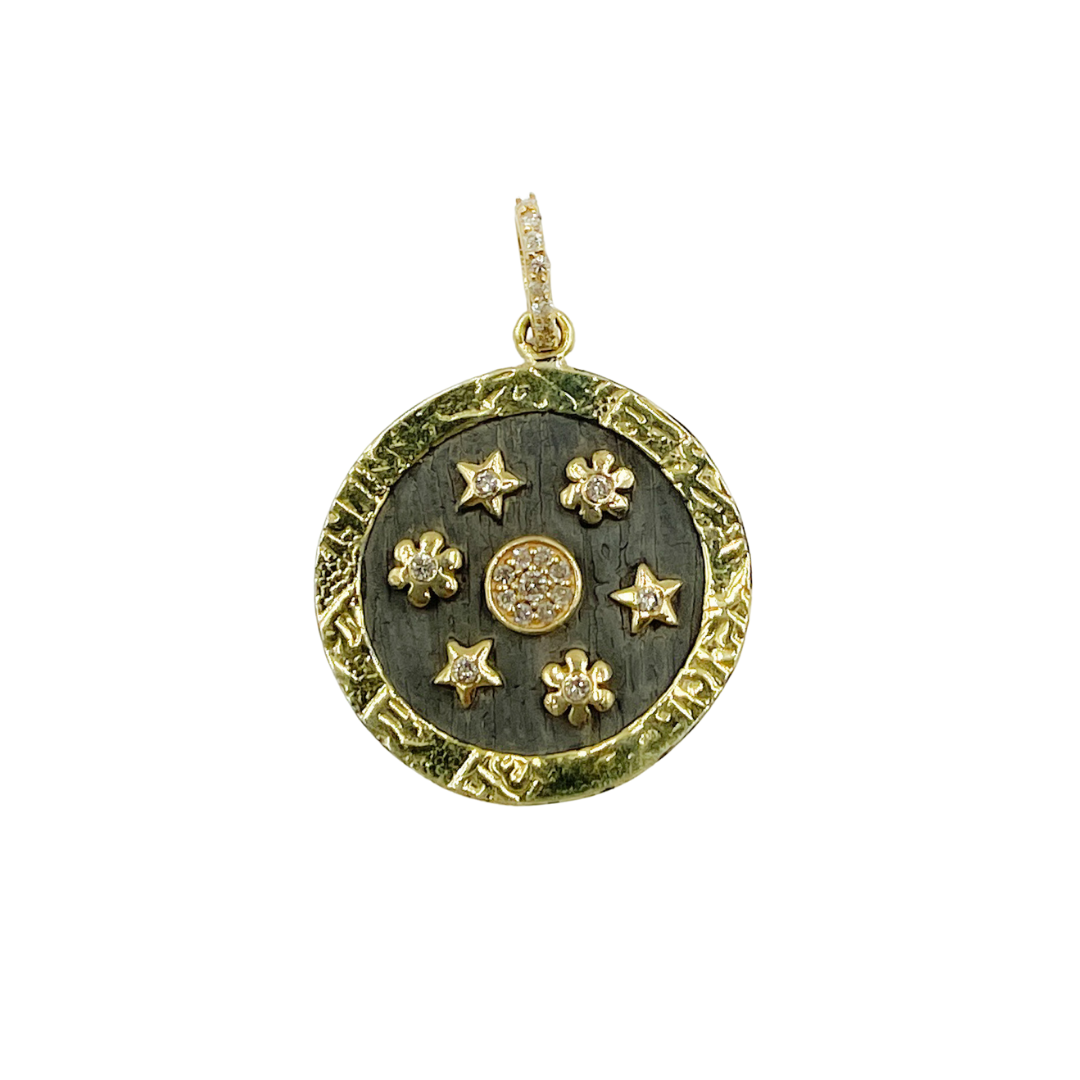 KSG03. Sterling Silver Black Rhodium with Diamonds Circle Shape Charm with Flowers and Stars in the Center