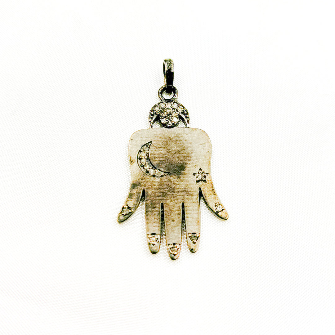 DP329. Diamond & Sterling Silver Moon & Star Hamsa Pendant