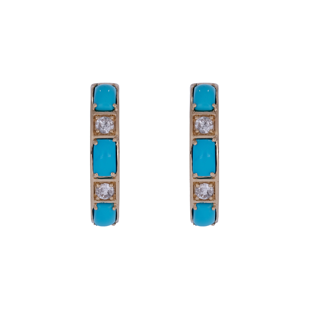 CE97353TQ5X3-14K. 14K Solid Gold Diamond and Turquoise Round Hoop Earrings