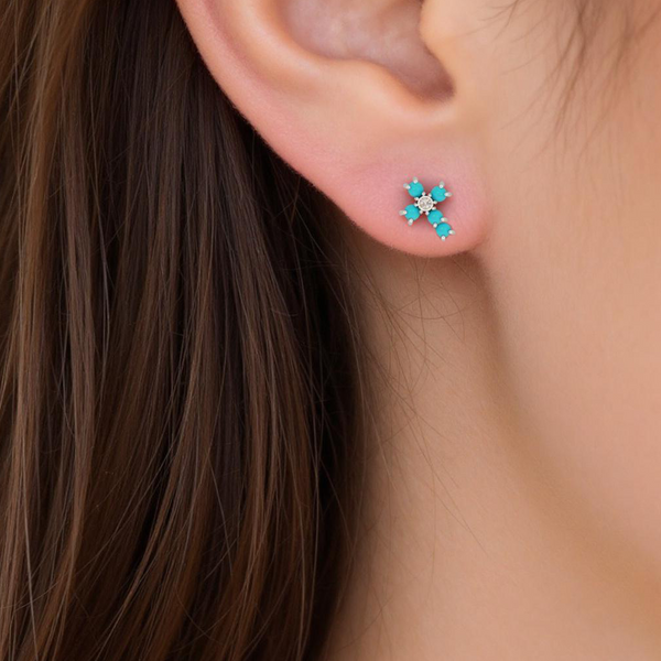 14K Solid Gold Turquoise and Diamond Stud Earrings