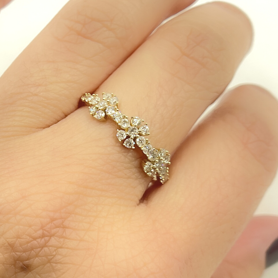 14K Solid Gold Diamond Flowers Band Ring. RFG17696