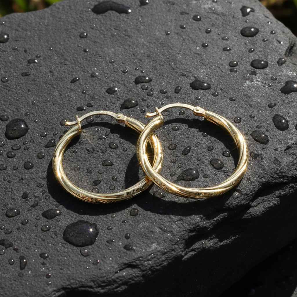 GER69. 14K Gold Hollow Hoop Earrings with Engraved Tornado Design