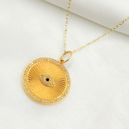 GDP307. 14K Solid Gold Circle with Evil Eye in the Center in Diamond and Gemstones