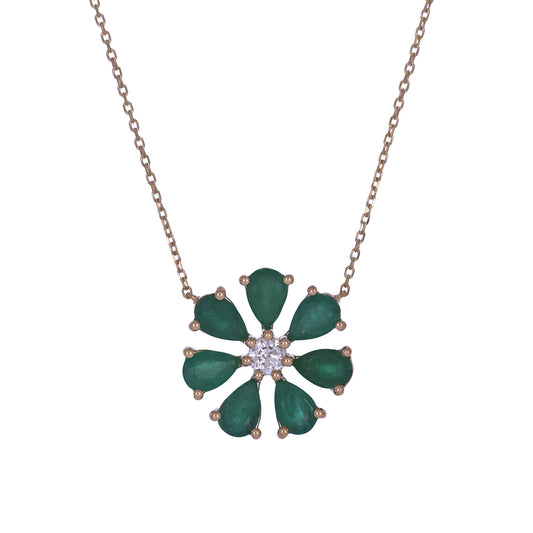 CN97250EM6X4. 18K Solid Gold Diamond and Emerald Flower Shape Necklace