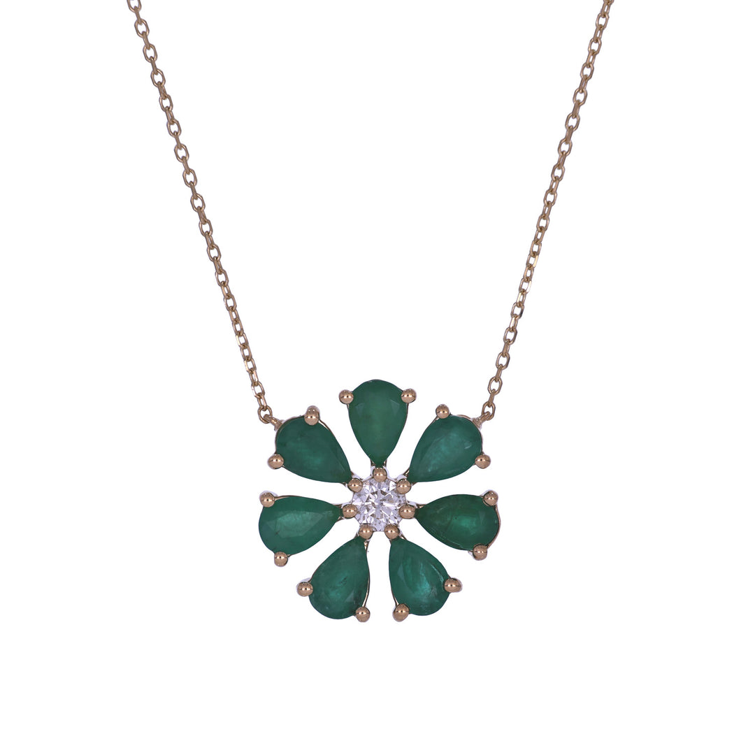 CN97250EM6X4. 18K Solid Gold Diamond and Emerald Flower Shape Necklace