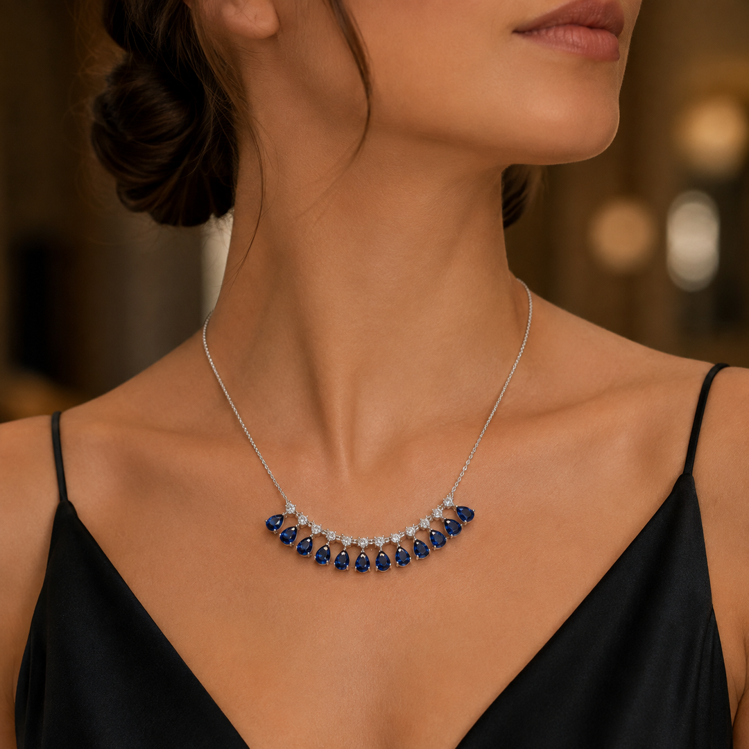 CN97255BS6X4. 14K Solid White Gold Blue Sapphire and Diamond Drops Necklace