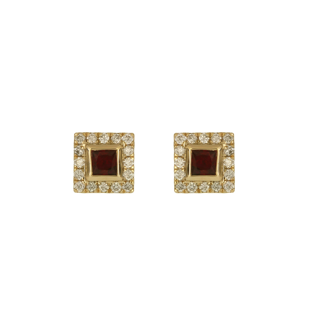 EFD54155. 14K Solid Gold Diamonds and Gemstone Square Stud Earrings
