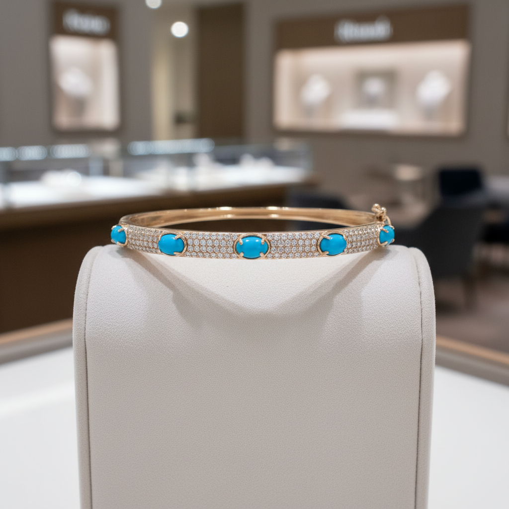 CB97356TQ6X4. 18K Solid Yellow Gold Turquoise and Diamond Fancy Bangle