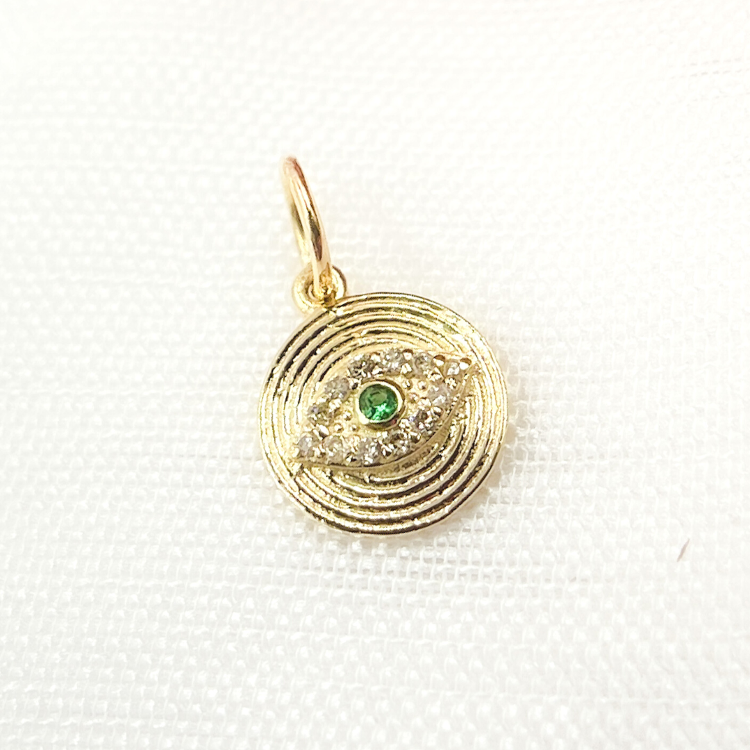 14K Solid Gold Diamond Evil Eye Circle Charm. Available in (Blue Sapphire & Emerald). GDP460