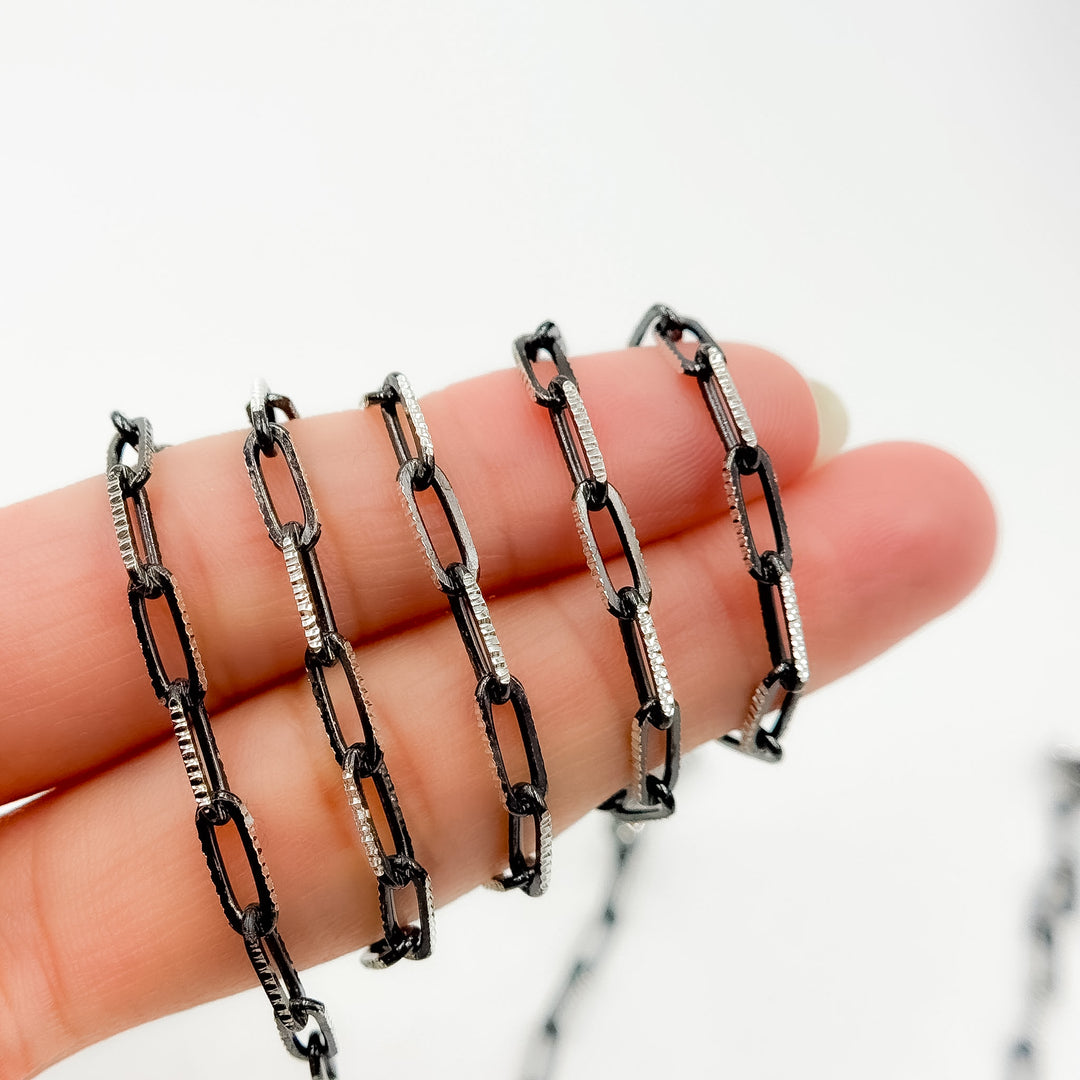 Z113SB. Two Tone Sterling Silver and Black Rhodium Paperclip Textured Chain