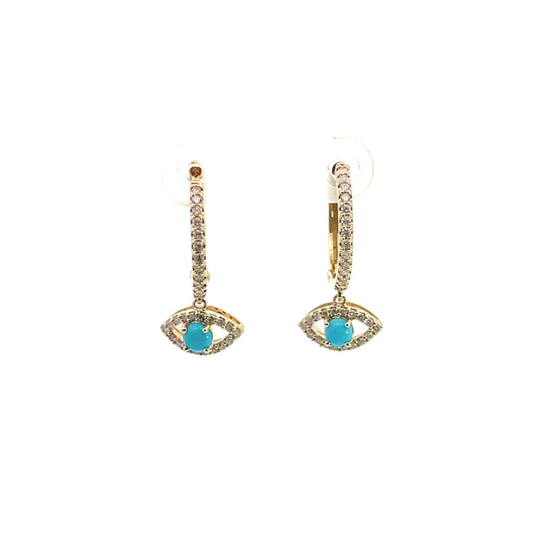 14k Solid Gold Diamond & Turquoise Eye Hoops. EHG56978TQY