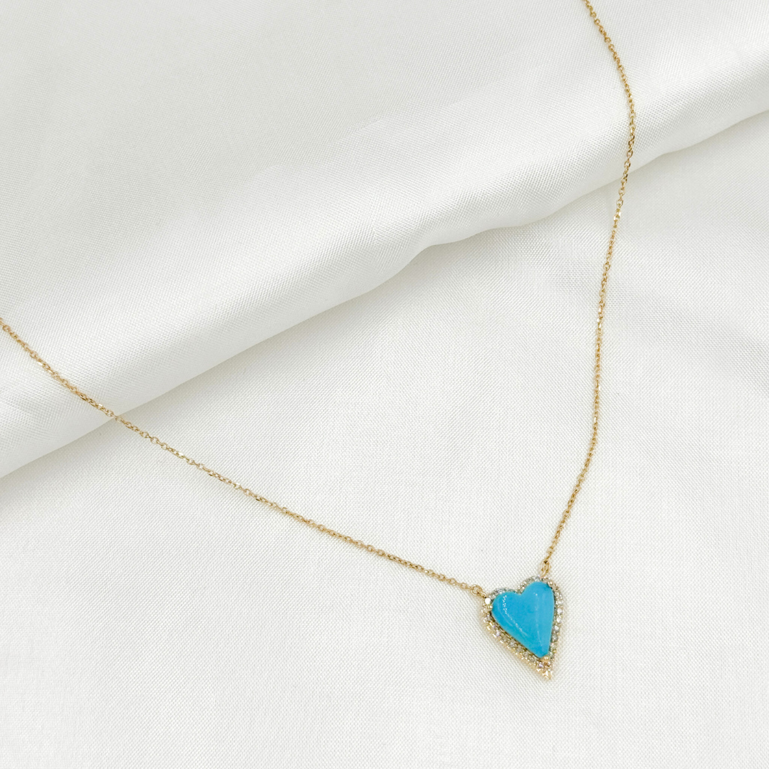 14k Solid Gold Diamond and Turquoise Heart Necklace. CN96244TQ